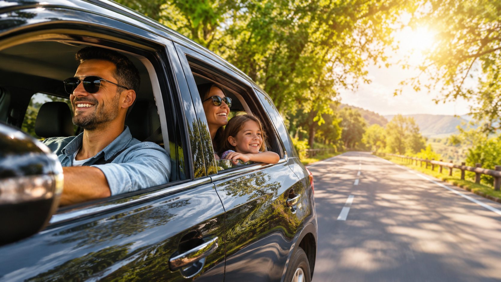 Família sorrindo dentro de um carro em uma estrada ensolarada cercada por árvores